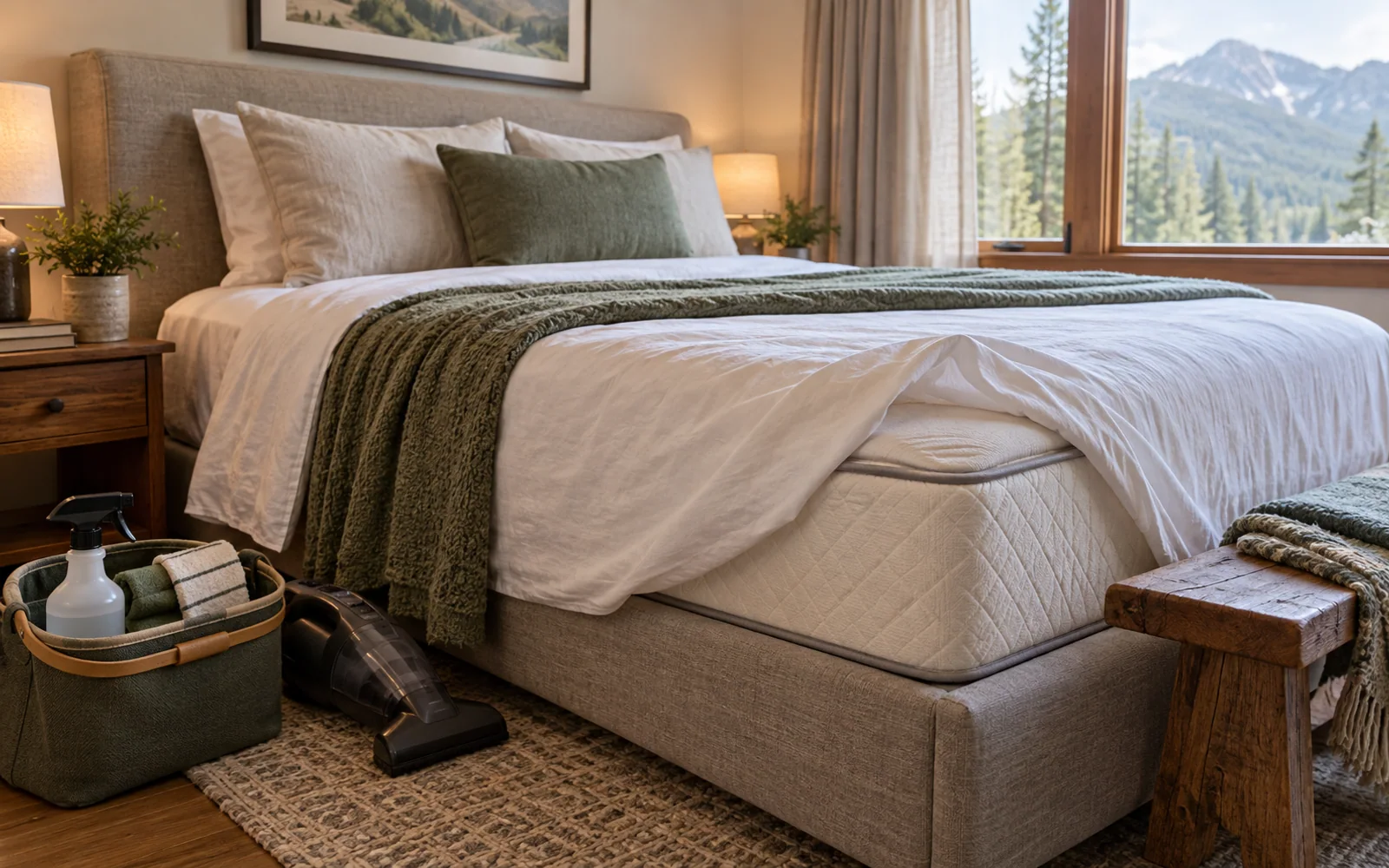 A clean fabric-covered mattress and soft bedding with a small cleaning caddy and upholstery vacuum beside the bed.