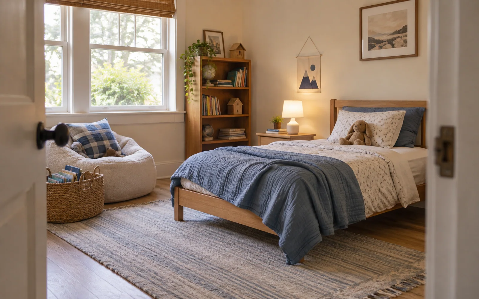 A small bed with cotton bedding, nearby books, and soft bedroom textiles in an inviting child's room.