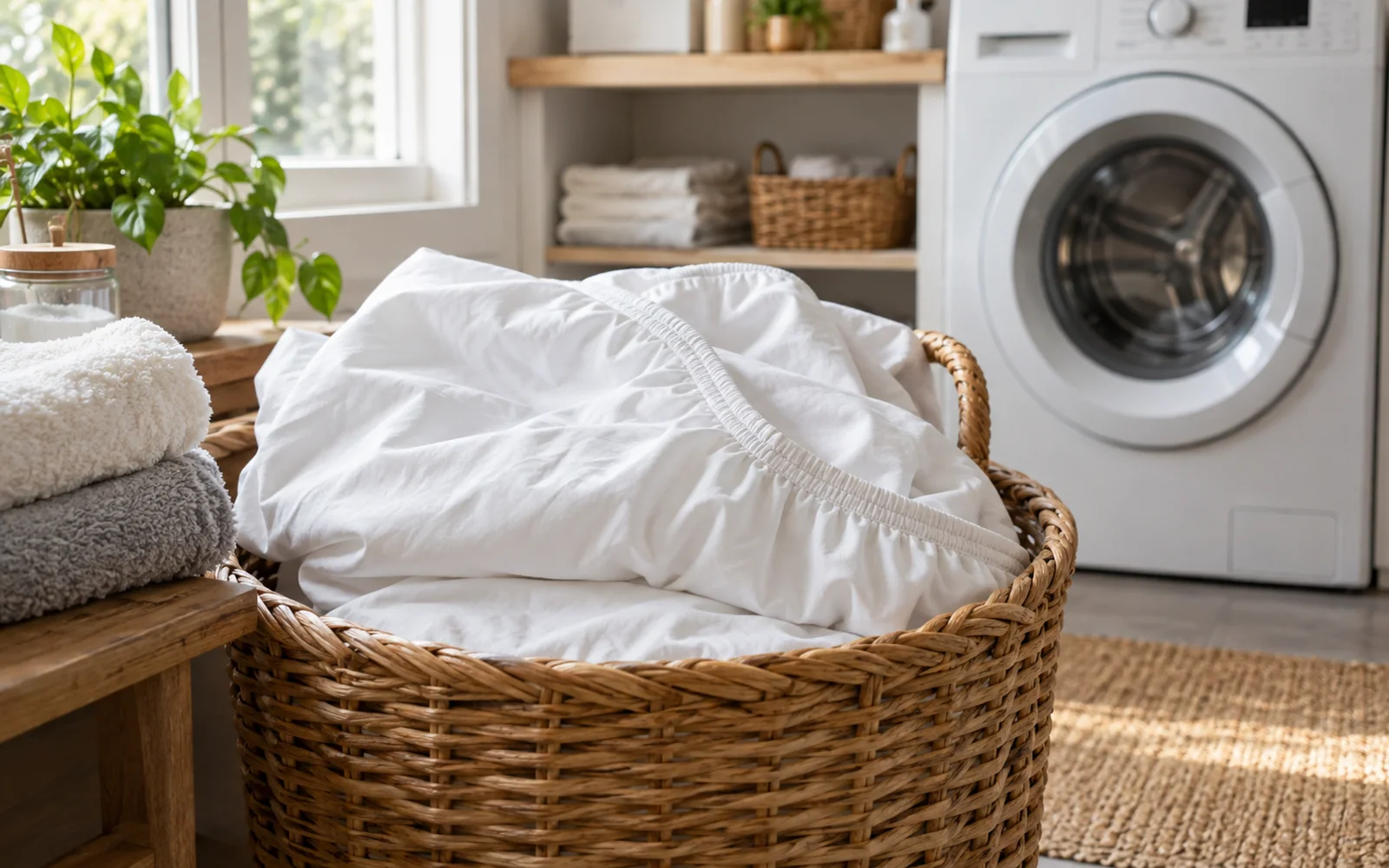 A white fitted mattress protector loosely folded in a wicker laundry basket beside towels and a closed washing machine.