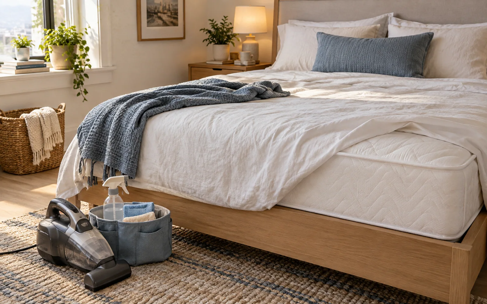 A clean fabric-covered mattress and soft bedding with a small cleaning caddy and upholstery vacuum beside the bed.