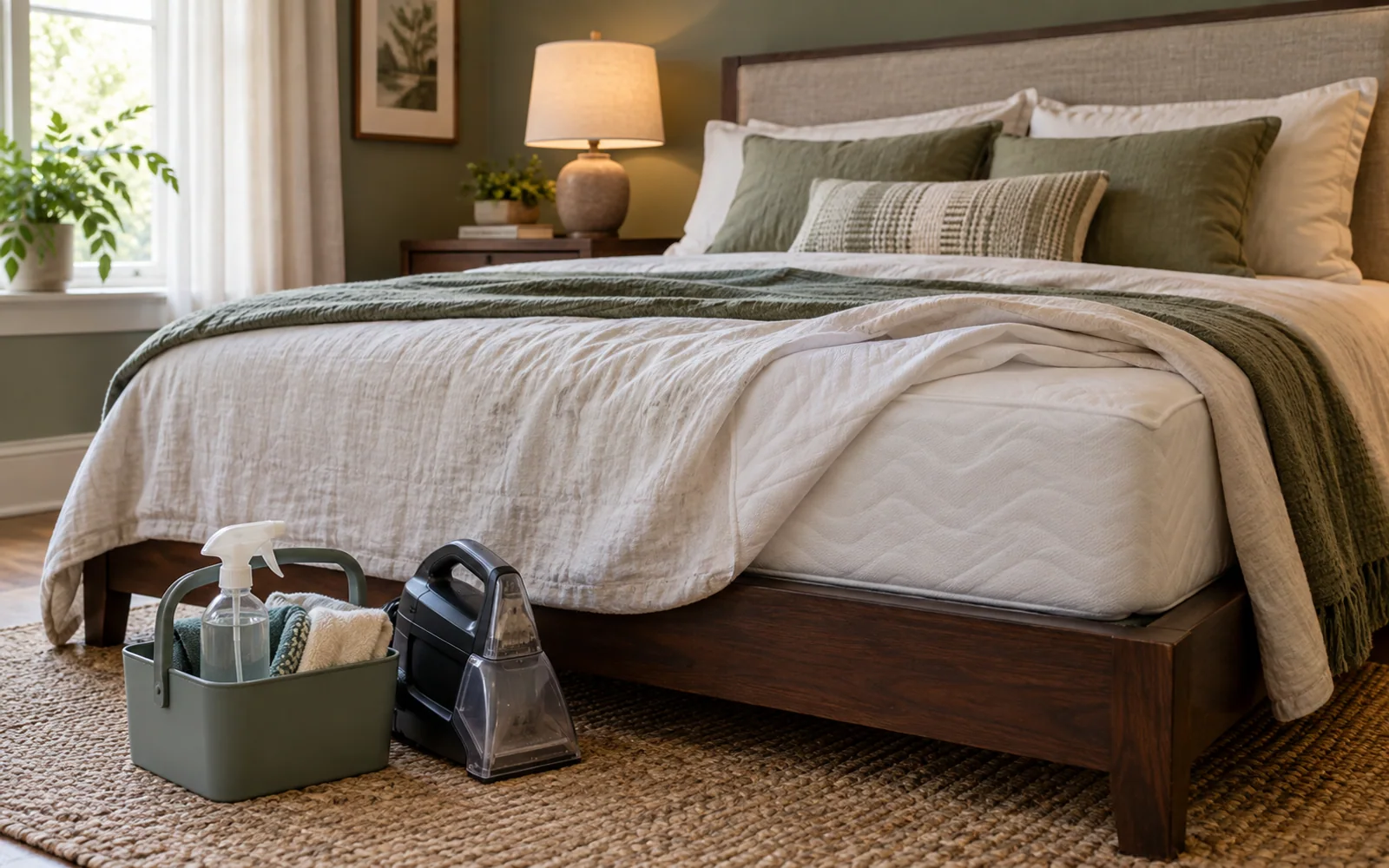 A clean fabric-covered mattress and soft bedding with a small cleaning caddy and upholstery vacuum beside the bed.