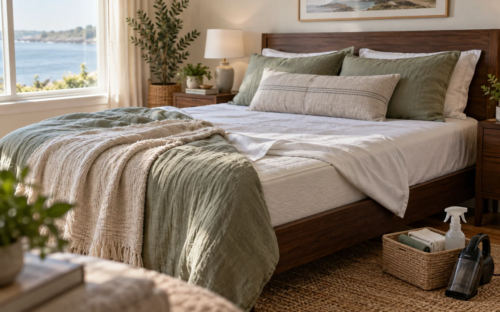A clean fabric-covered mattress and soft bedding with a small cleaning caddy and upholstery vacuum beside the bed.