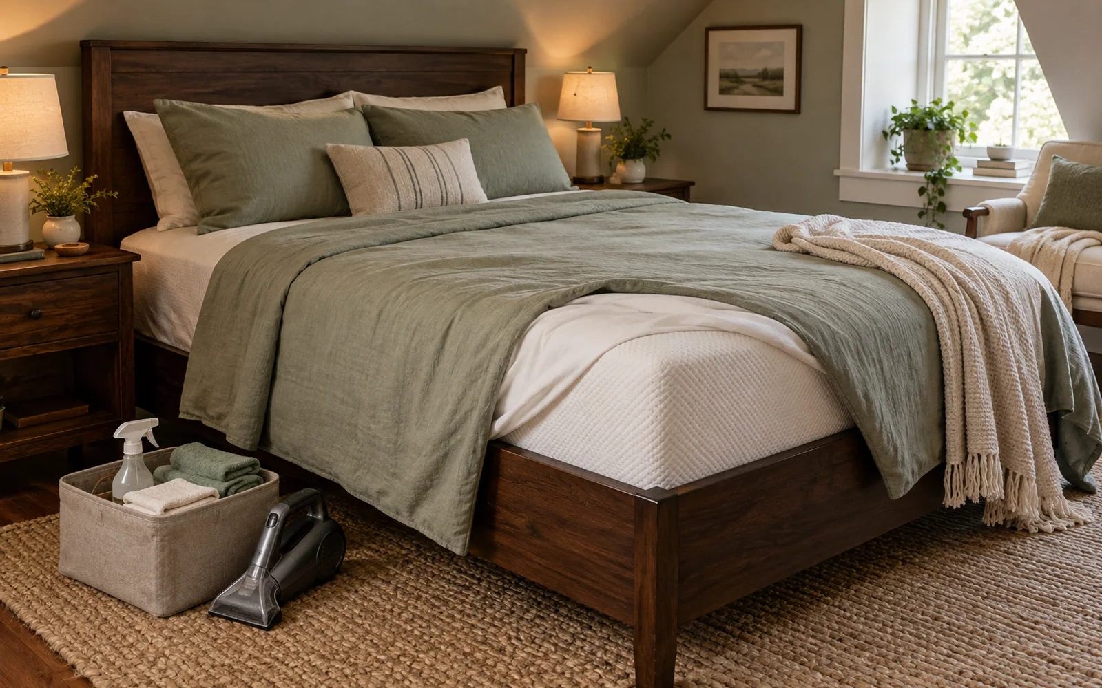 A clean fabric-covered mattress and soft bedding with a small cleaning caddy and upholstery vacuum beside the bed.