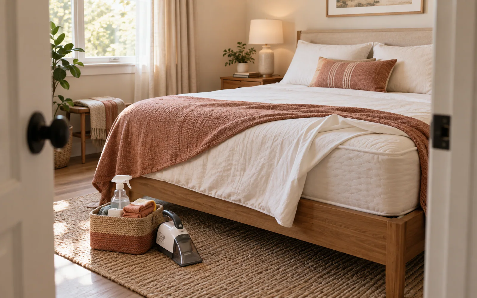 A clean fabric-covered mattress and soft bedding with a small cleaning caddy and upholstery vacuum beside the bed.