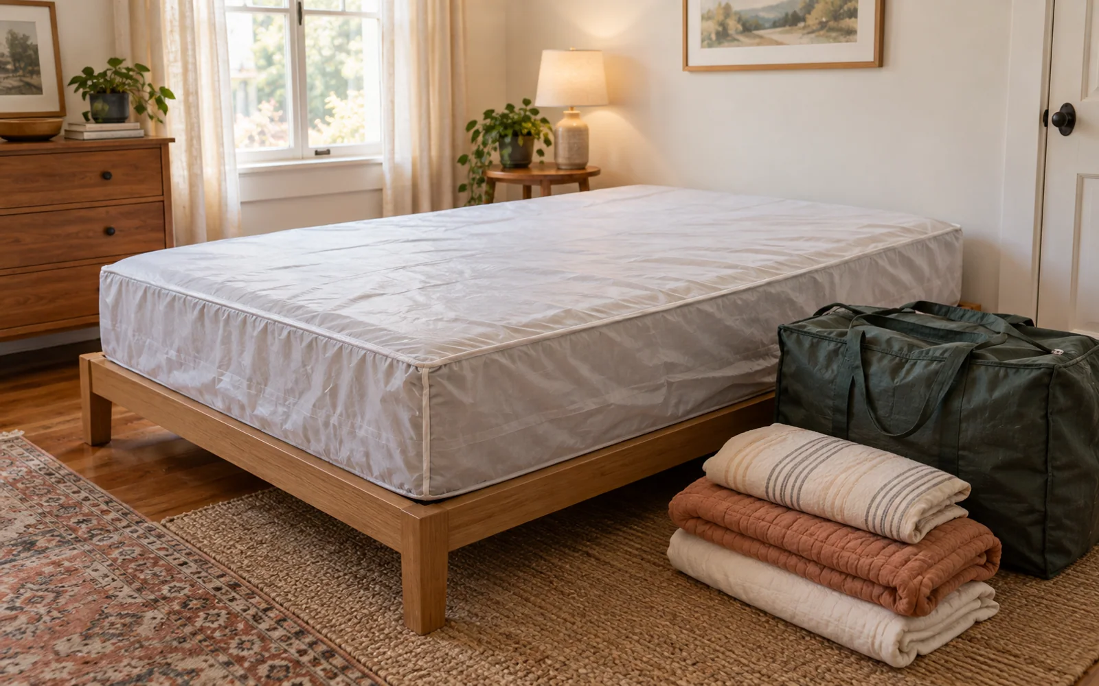 An intact mattress in a protective cover lying flat on a low platform, with folded bedding and a moving bag nearby.