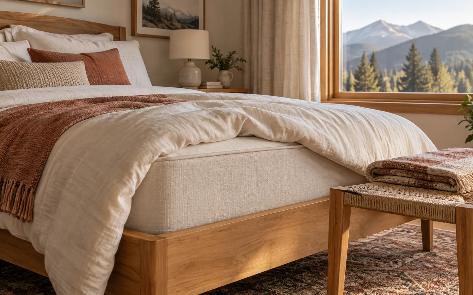 A complete fabric-covered bed with softly rumpled bedding, textured pillows, and practical furniture in a calm bedroom.