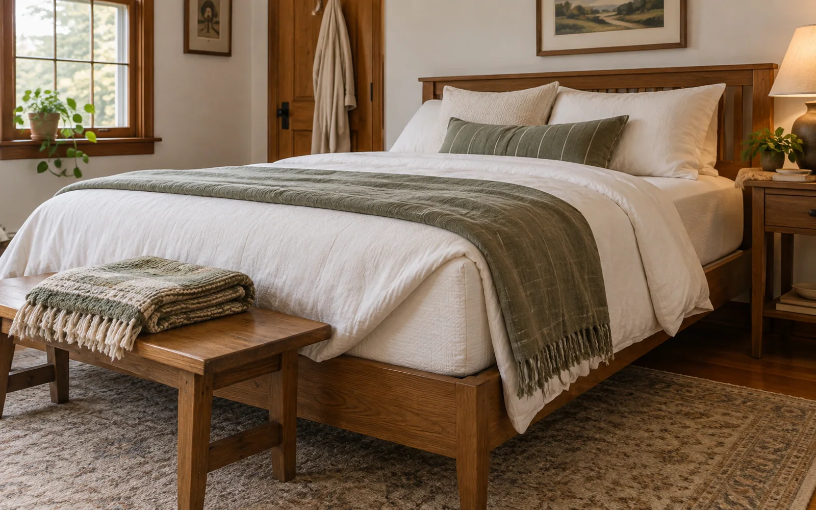 A complete fabric-covered bed with softly rumpled bedding, textured pillows, and practical furniture in a calm bedroom.