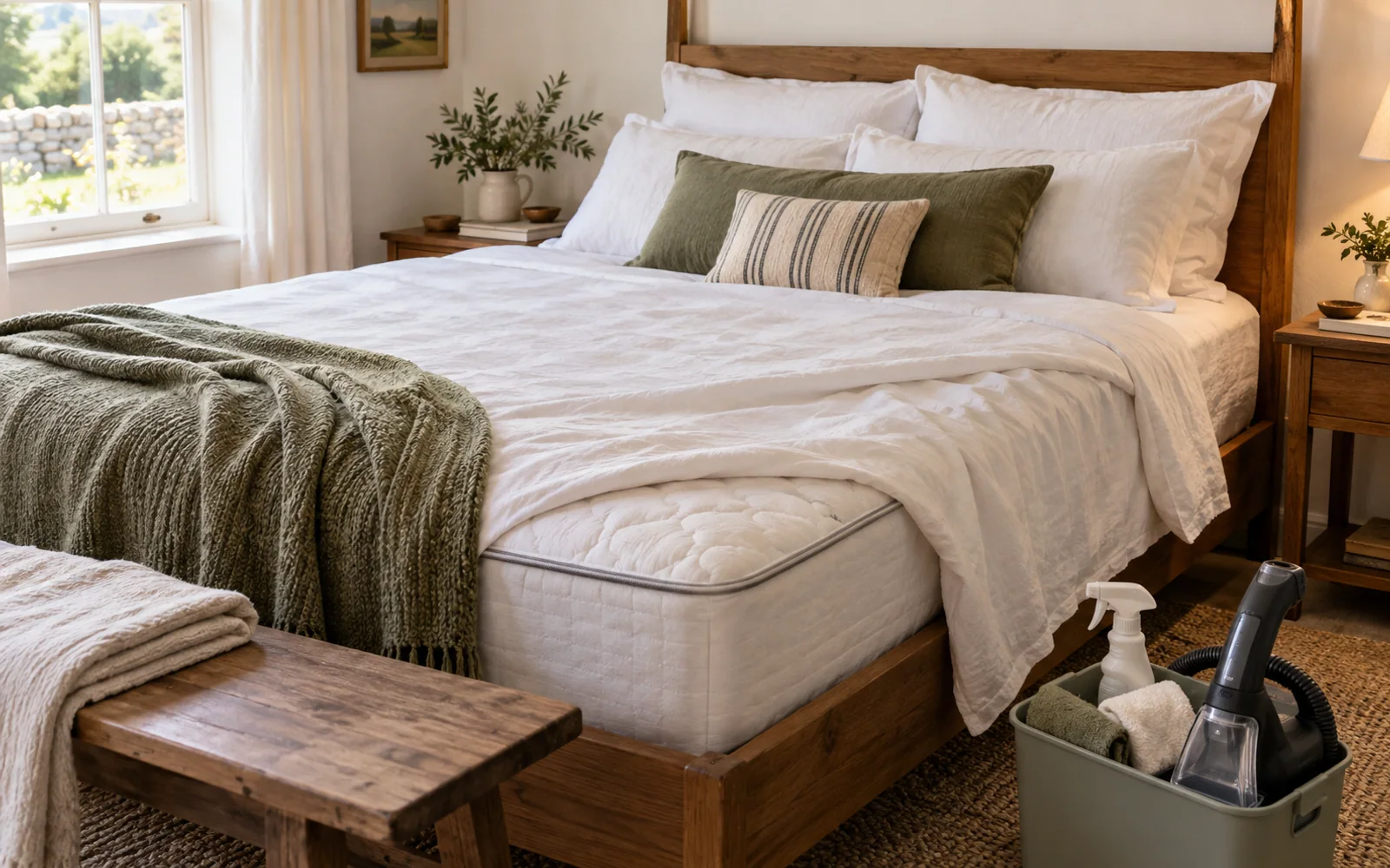 A clean fabric-covered mattress and soft bedding with a small cleaning caddy and upholstery vacuum beside the bed.