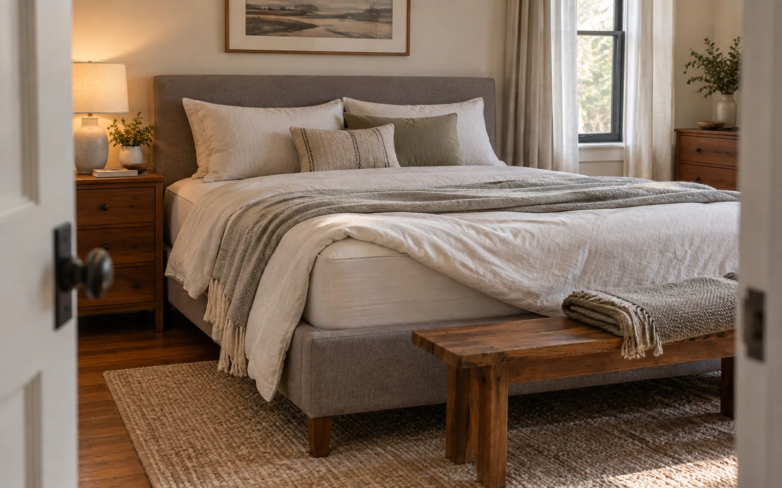 A complete fabric-covered bed with softly rumpled bedding, textured pillows, and practical furniture in a calm bedroom.