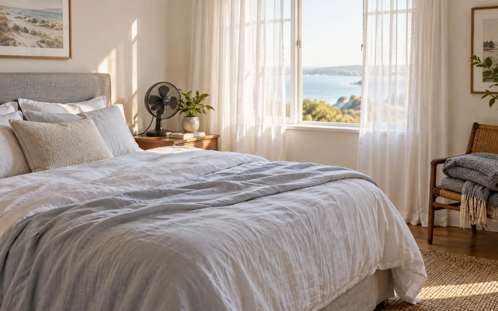 Lightweight bedding in an airy bedroom, with sheer curtains and a small fan near the window.