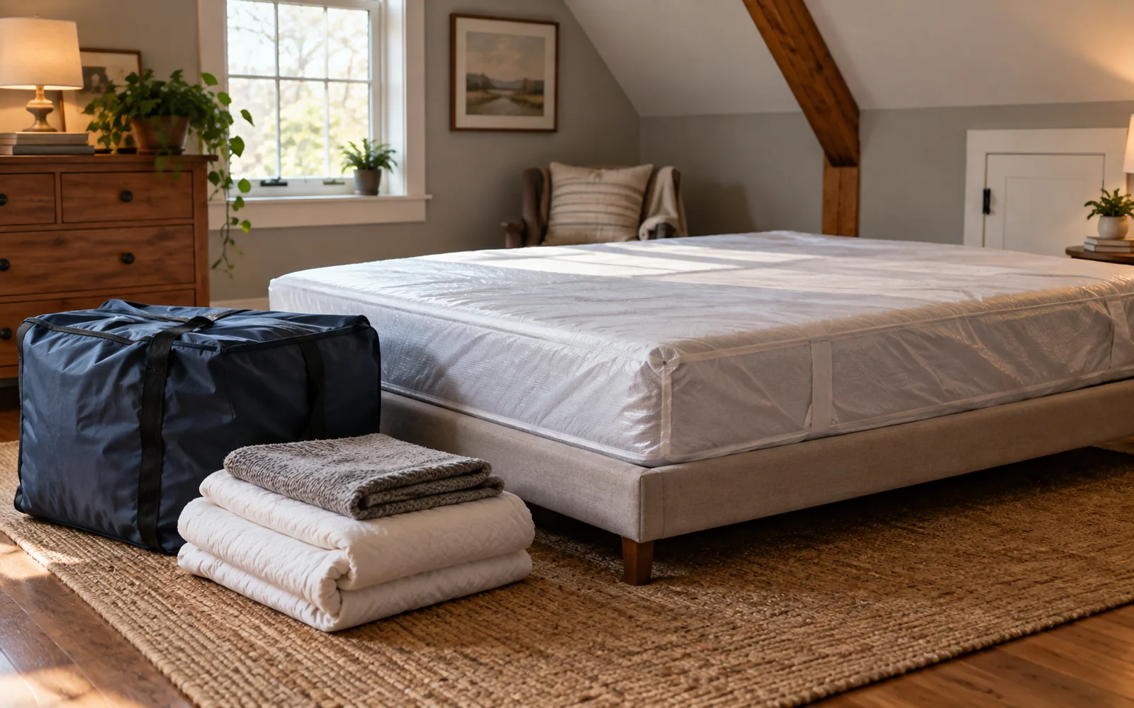 An intact mattress in a protective cover lying flat on a low platform, with folded bedding and a moving bag nearby.