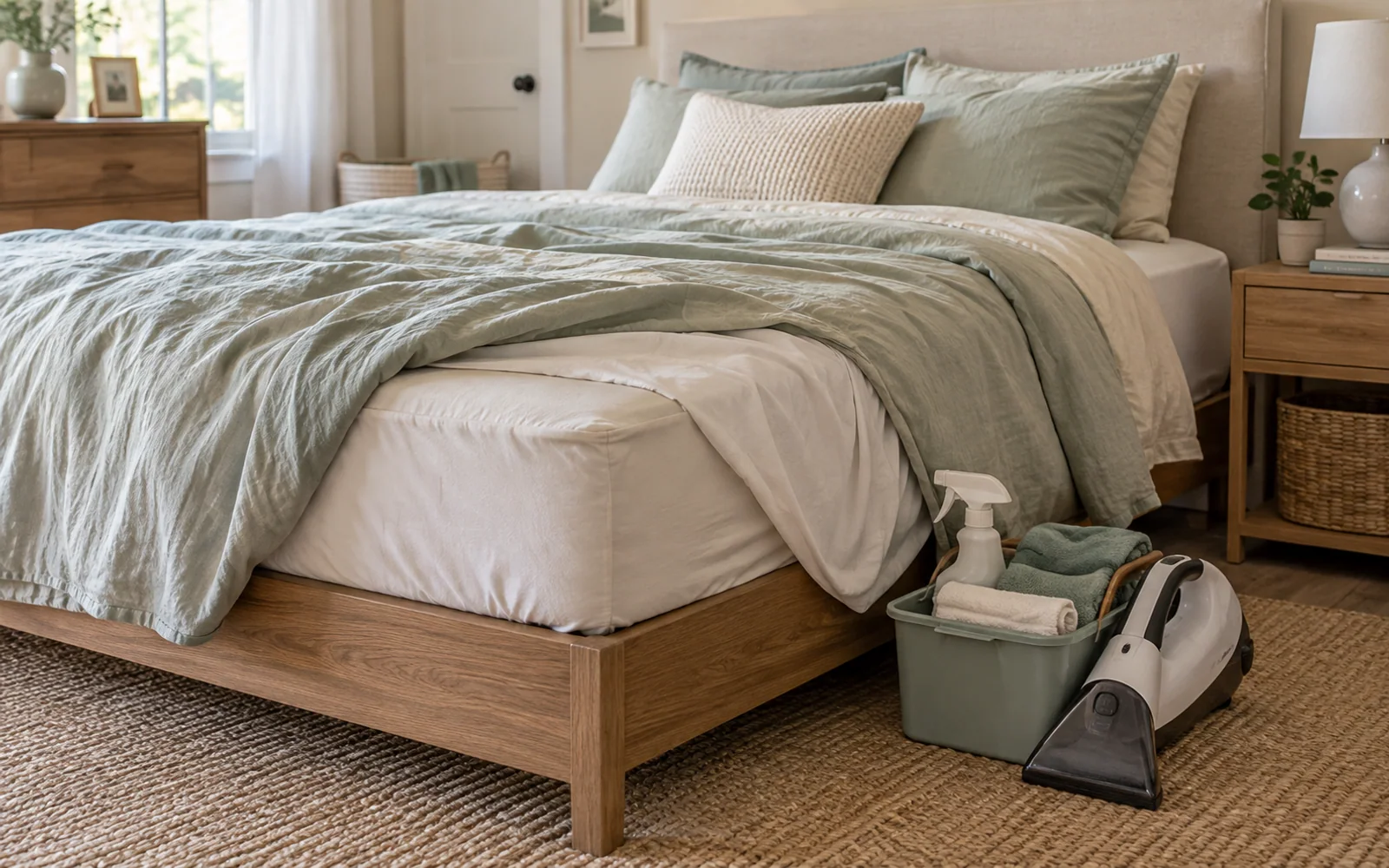A clean fabric-covered mattress and soft bedding with a small cleaning caddy and upholstery vacuum beside the bed.
