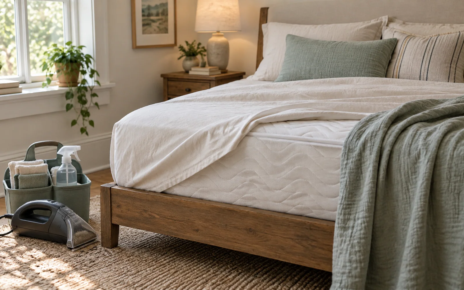 A clean fabric-covered mattress and soft bedding with a small cleaning caddy and upholstery vacuum beside the bed.