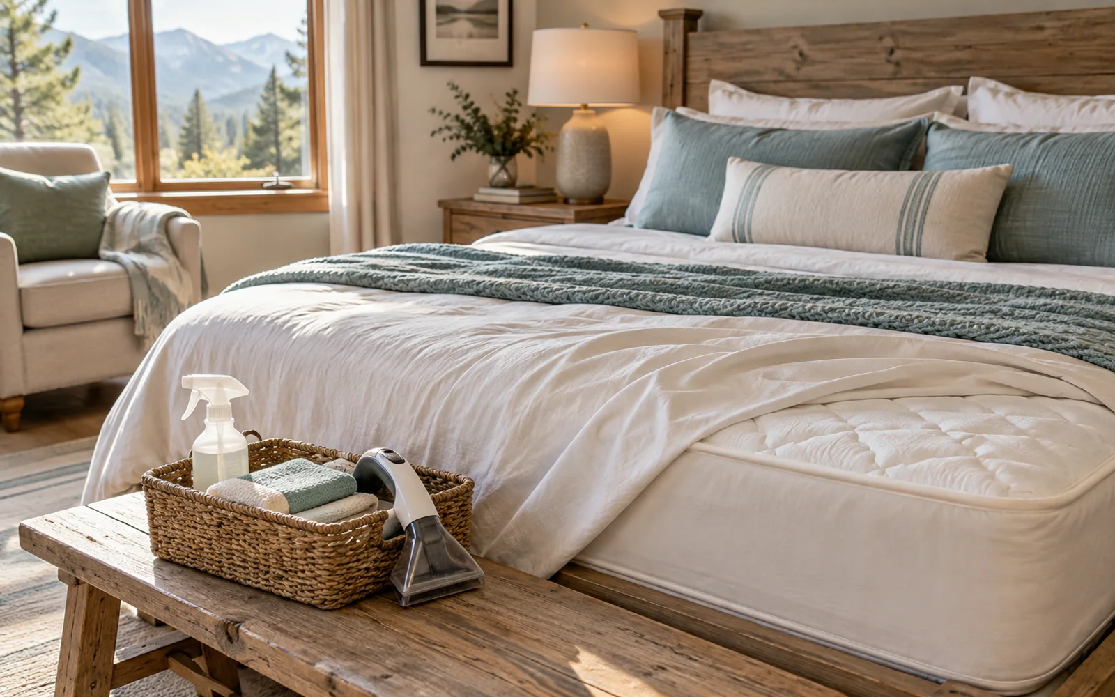 A clean fabric-covered mattress and soft bedding with a small cleaning caddy and upholstery vacuum beside the bed.