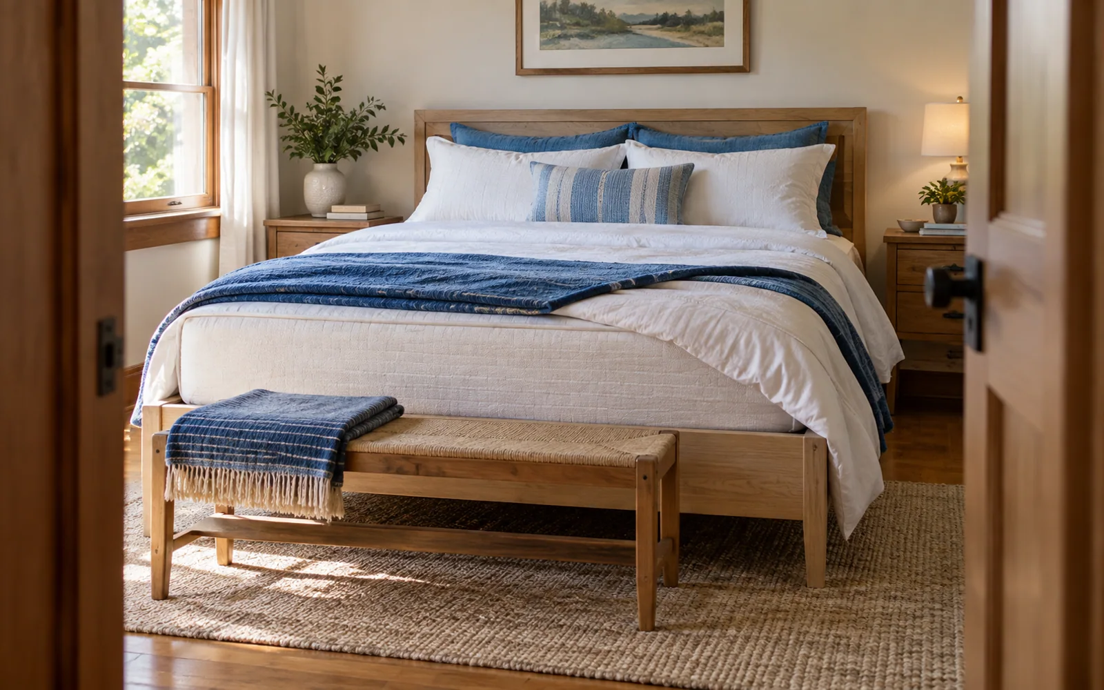 A complete fabric-covered bed with softly rumpled bedding, textured pillows, and practical furniture in a calm bedroom.