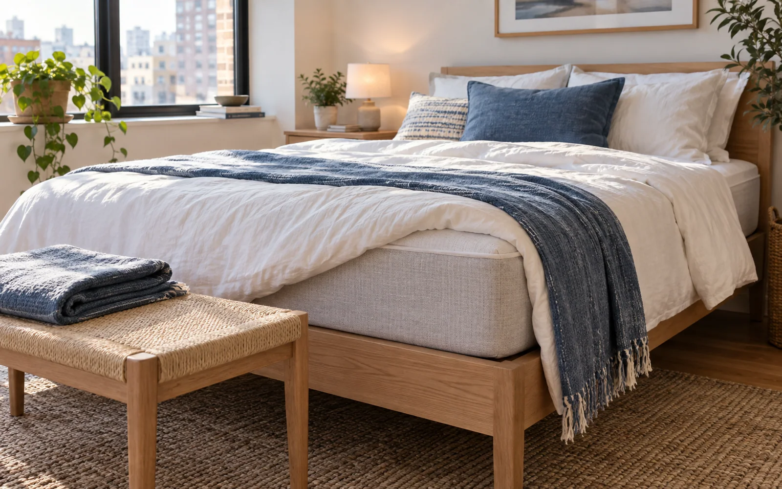 A complete fabric-covered bed with softly rumpled bedding, textured pillows, and practical furniture in a calm bedroom.