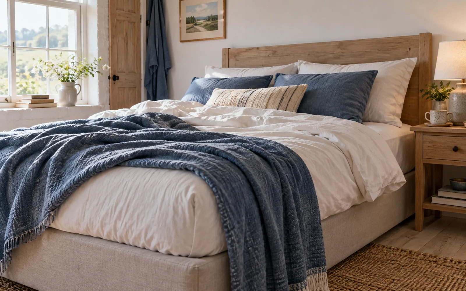 A complete fabric-covered bed with softly rumpled bedding, textured pillows, and practical furniture in a calm bedroom.
