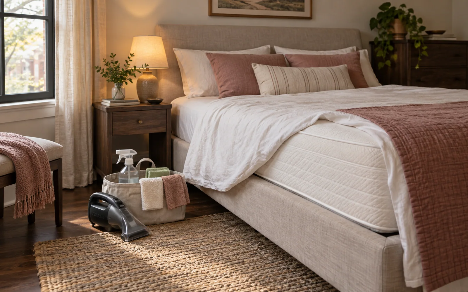 A clean fabric-covered mattress and soft bedding with a small cleaning caddy and upholstery vacuum beside the bed.