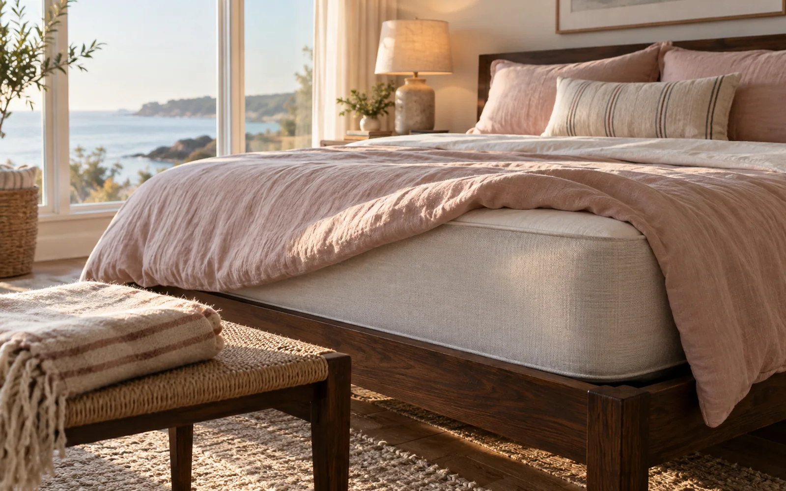A complete fabric-covered bed with softly rumpled bedding, textured pillows, and practical furniture in a calm bedroom.