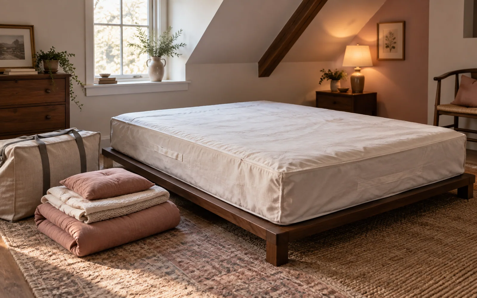 An intact mattress in a protective cover lying flat on a low platform, with folded bedding and a moving bag nearby.