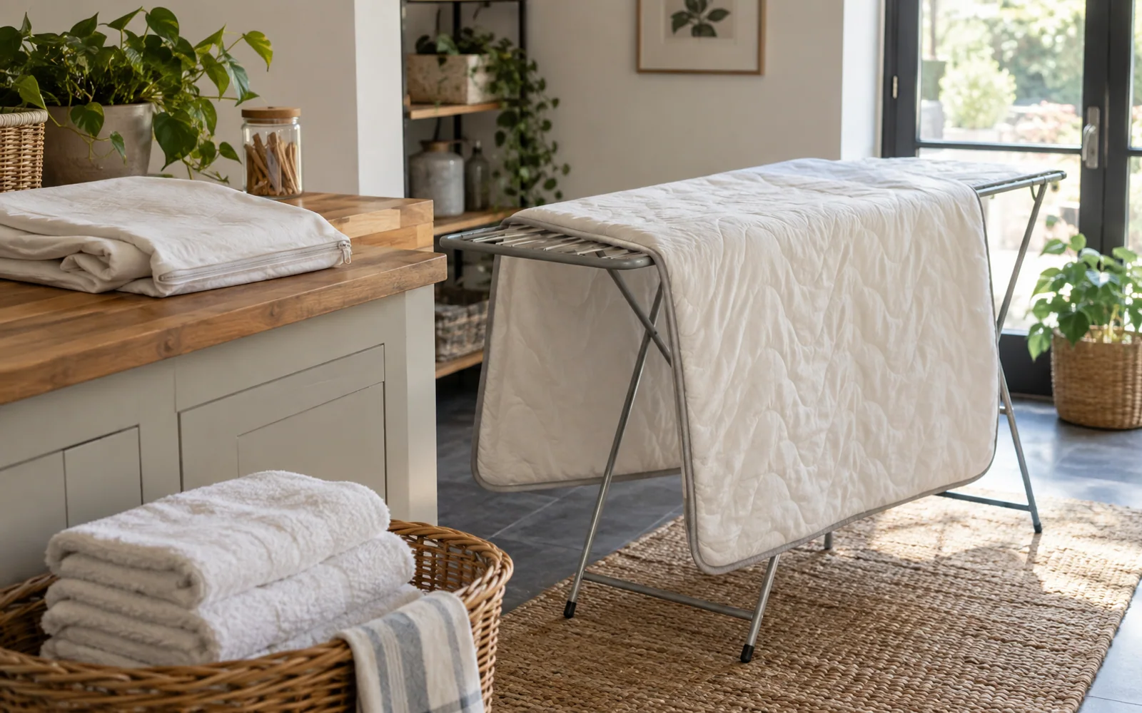 A thin fabric-covered topper draped over a drying rack beside clean towels and a folded cover in a laundry nook.