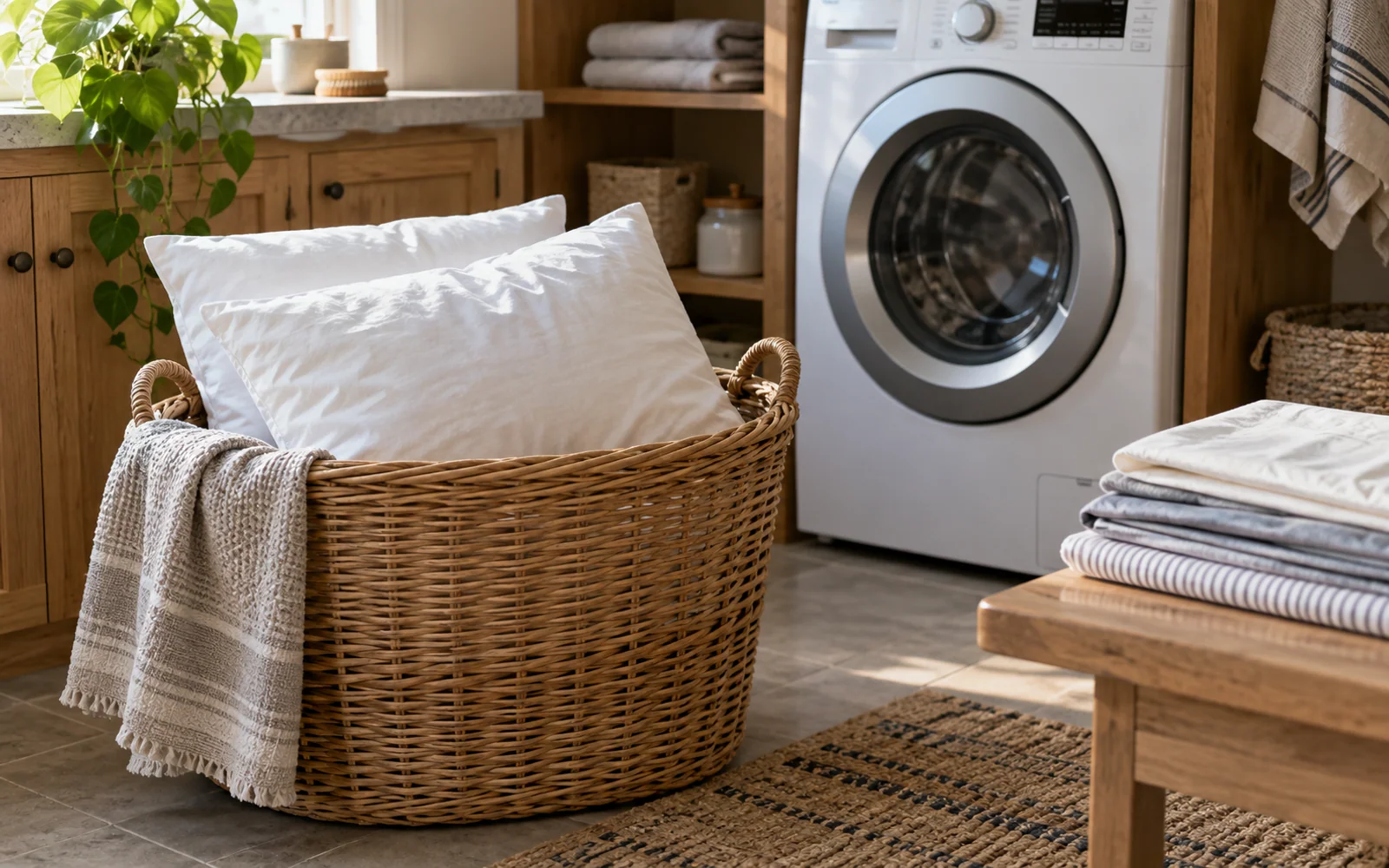 Fabric-covered sleeping pillows in a wicker laundry basket beside folded pillowcases and a closed washing machine.