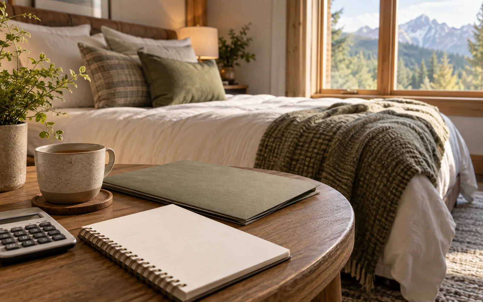 A notebook, folder, and calculator on a bedroom side table, with a softly made bed in the background.