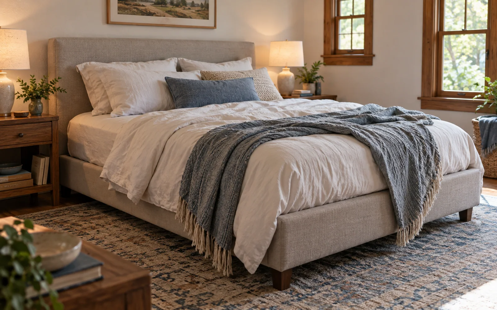 A complete fabric-covered bed with softly rumpled bedding, textured pillows, and practical furniture in a calm bedroom.
