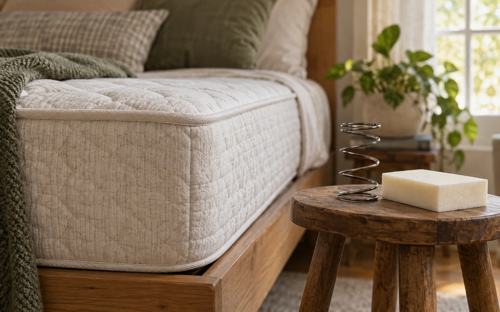 A small steel spring and smooth foam swatch on a wooden bedside surface next to a comfortably dressed bed.