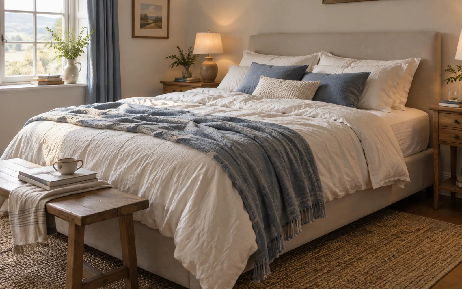 A sheet corner turned back over a fabric-covered mattress surface, with folded spare bedding nearby.