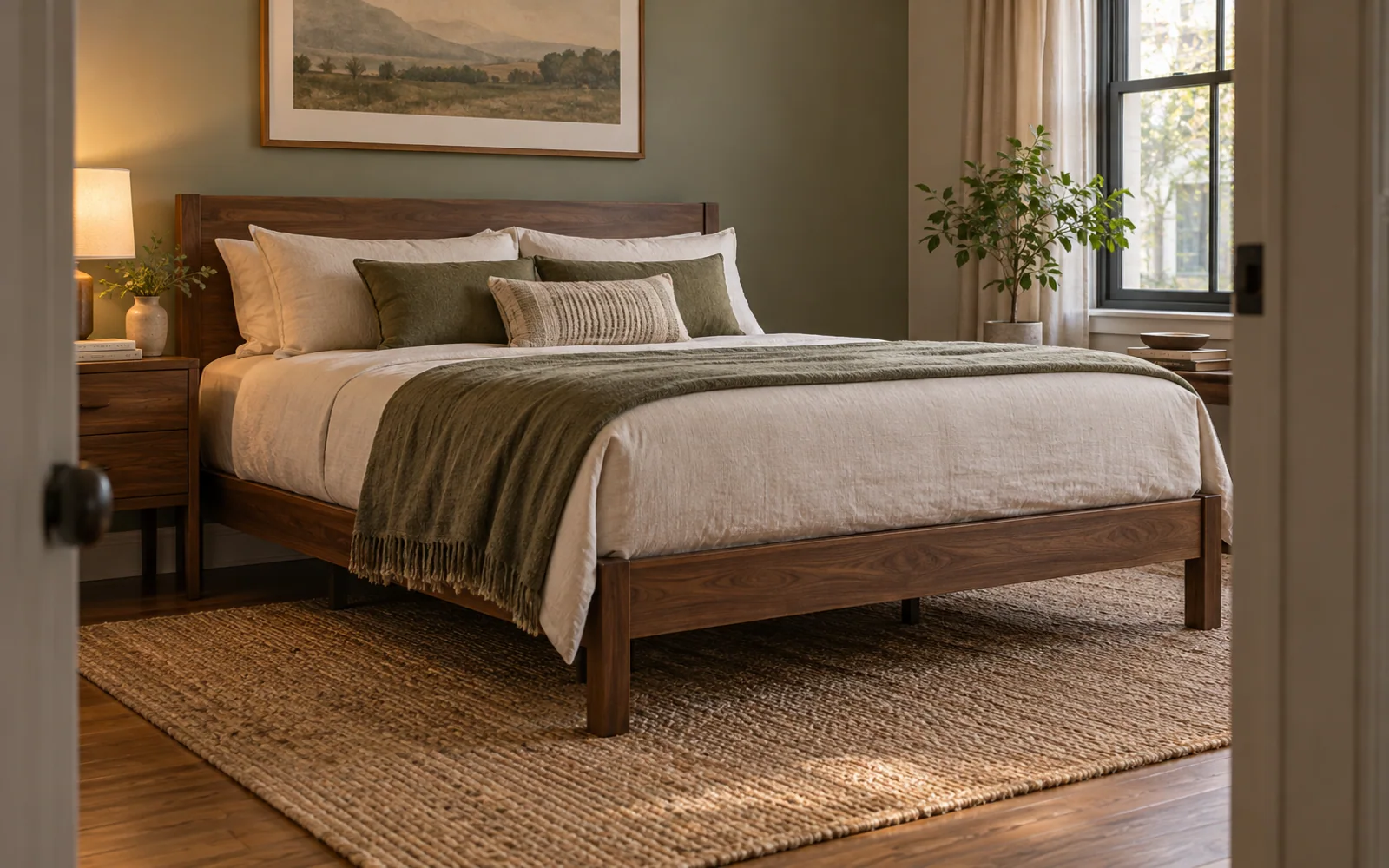 A complete fabric-covered bed with softly rumpled bedding, textured pillows, and practical furniture in a calm bedroom.