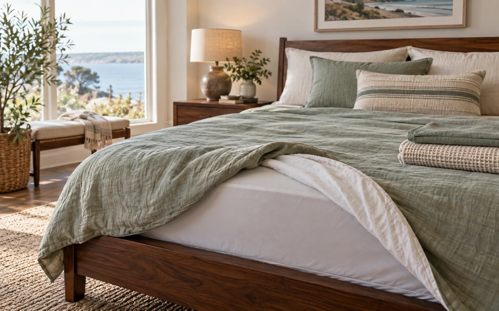 A sheet corner turned back over a fabric-covered mattress surface, with folded spare bedding nearby.