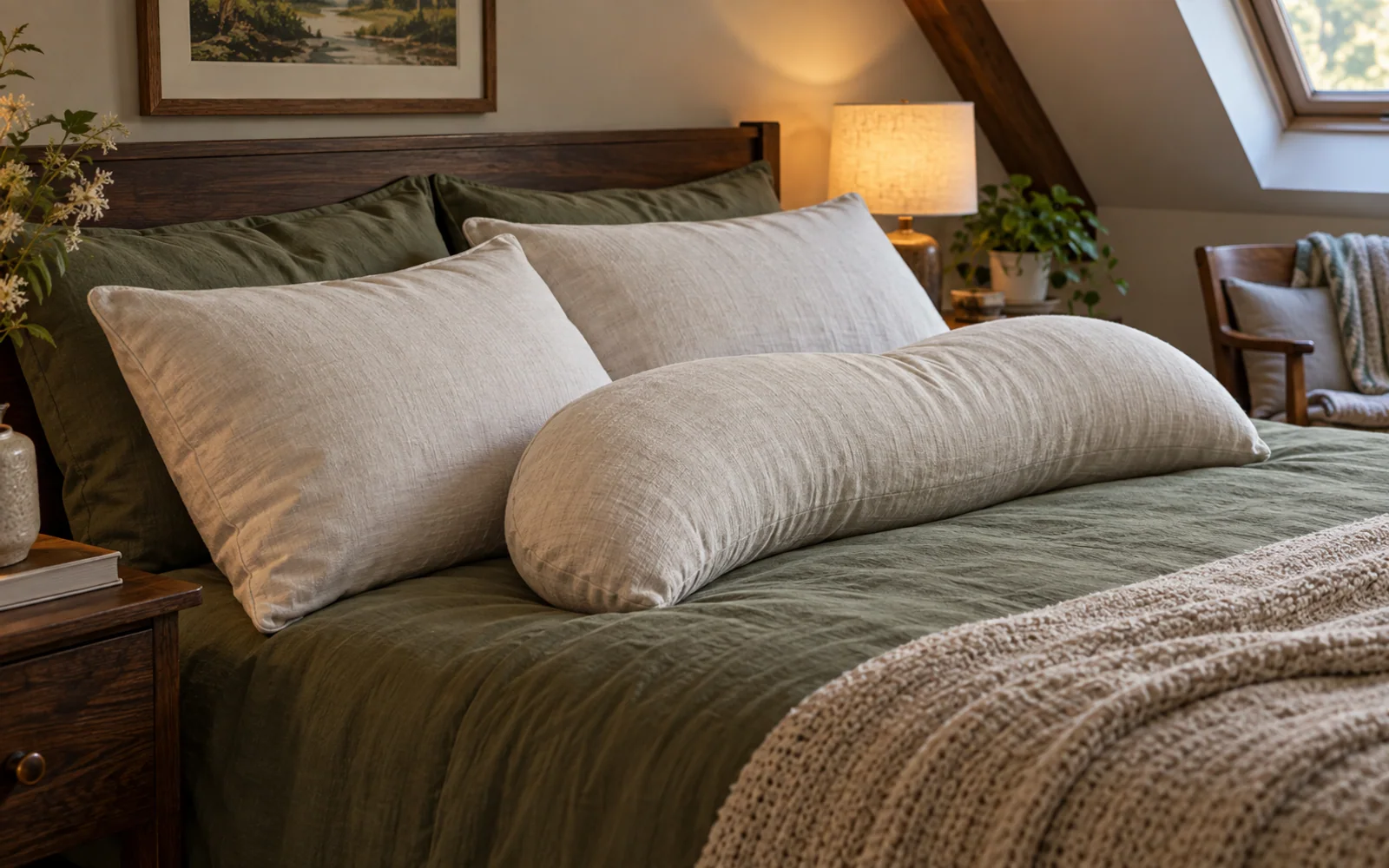 Fabric-covered sleeping pillows with different shapes and lofts arranged on a softly made bed.