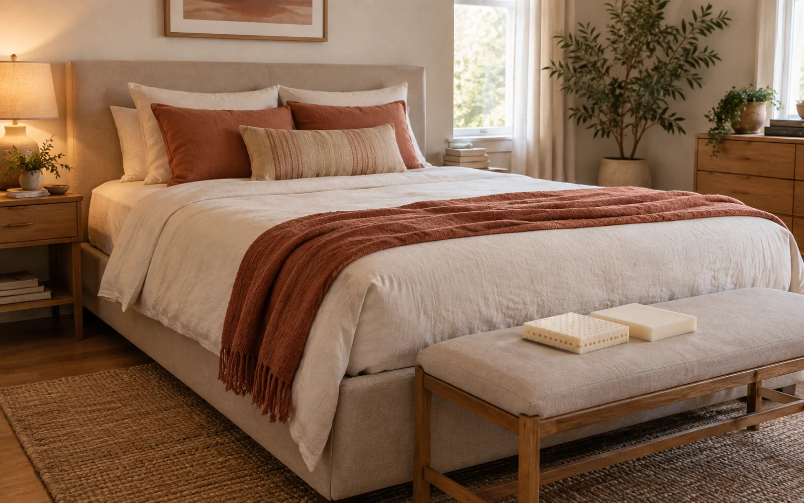 Small perforated and smooth upholstery foam swatches resting on a bench beside a softly made bed.