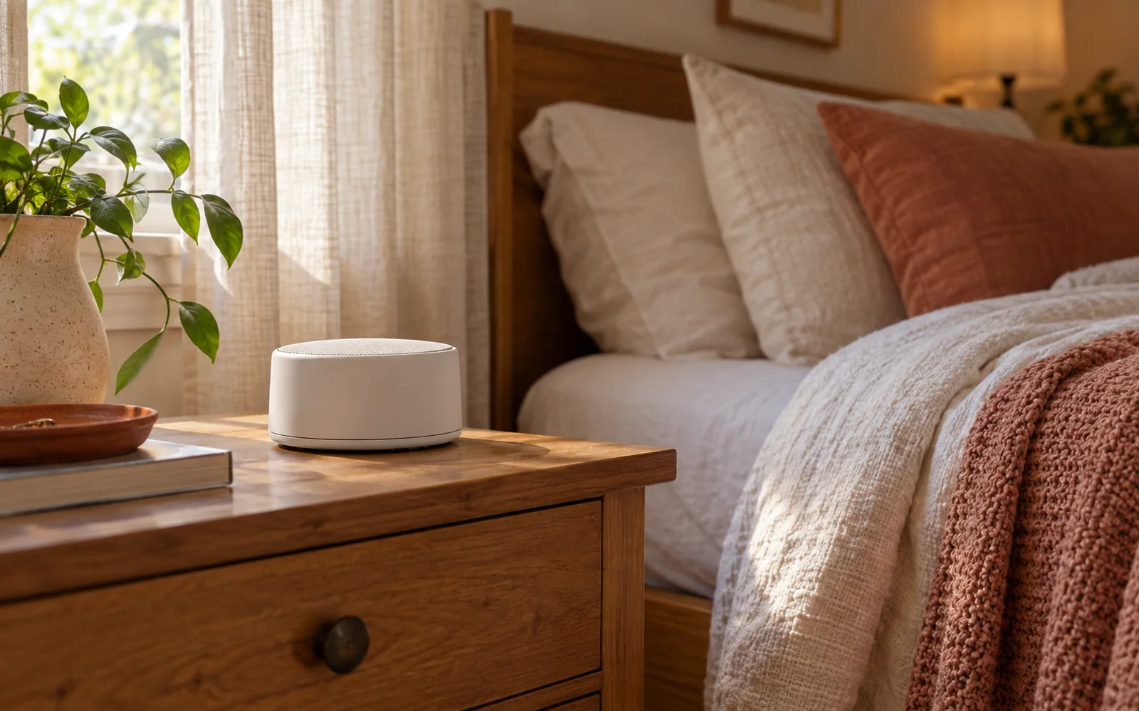 A plain compact sound machine on a wooden bedside chest next to a softly made bed.