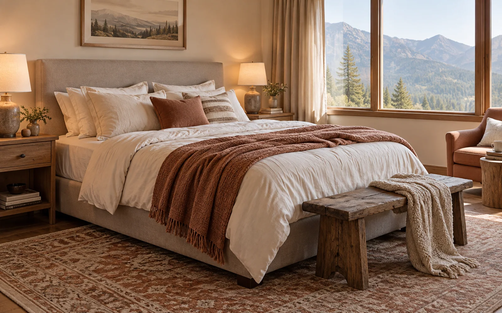 A complete fabric-covered bed with softly rumpled bedding, textured pillows, and practical furniture in a calm bedroom.