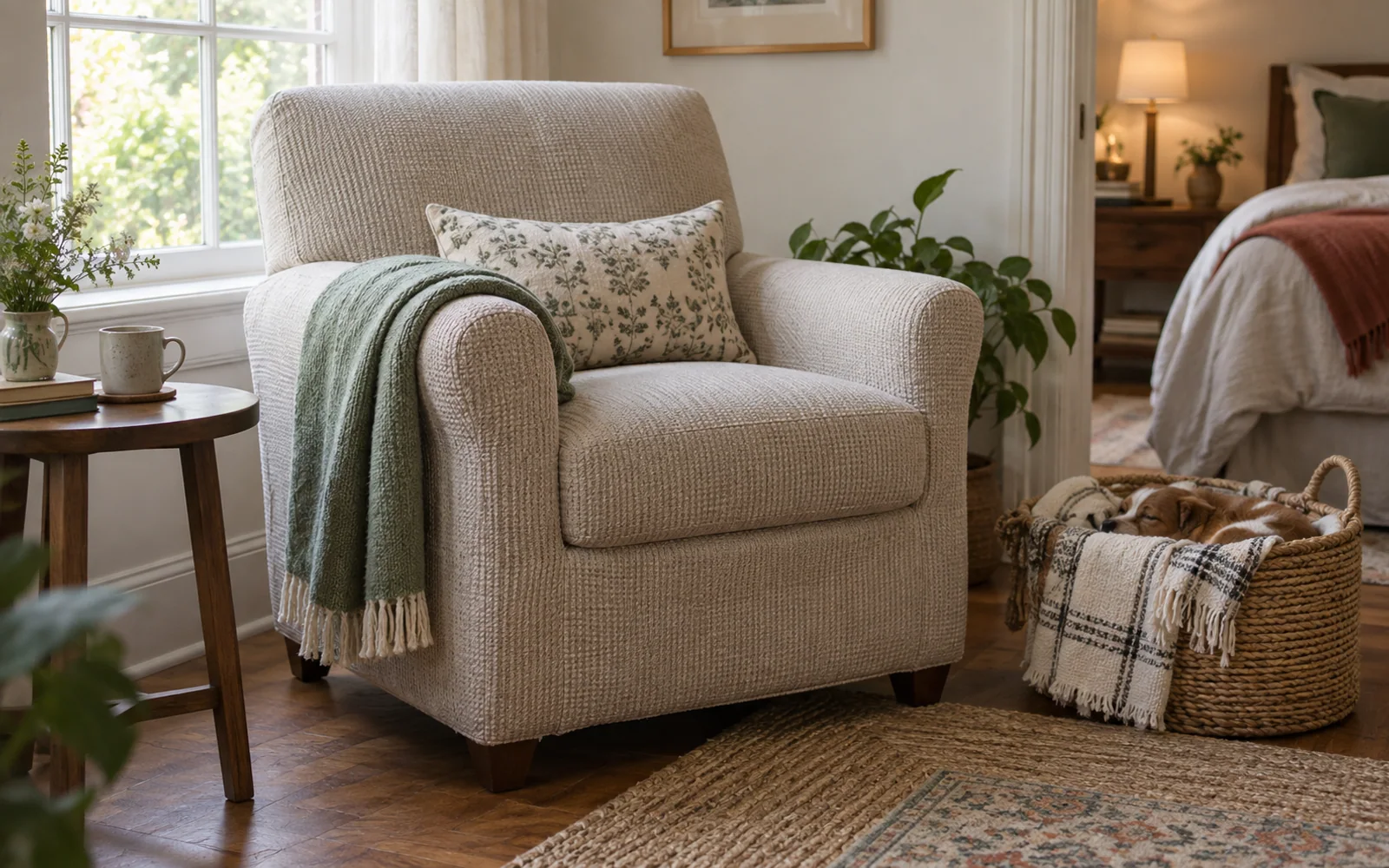 A fabric-covered reading chair beside a bed, with a textured throw and folded textiles in a nearby basket.