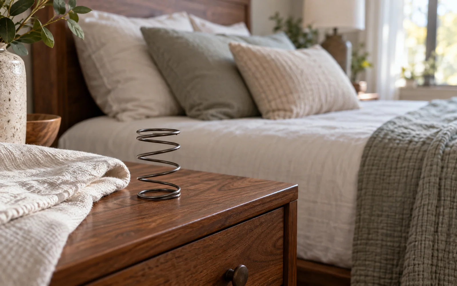 A small steel coil spring on a wooden bedside table, with soft bedding and a fabric-covered pillow behind it.