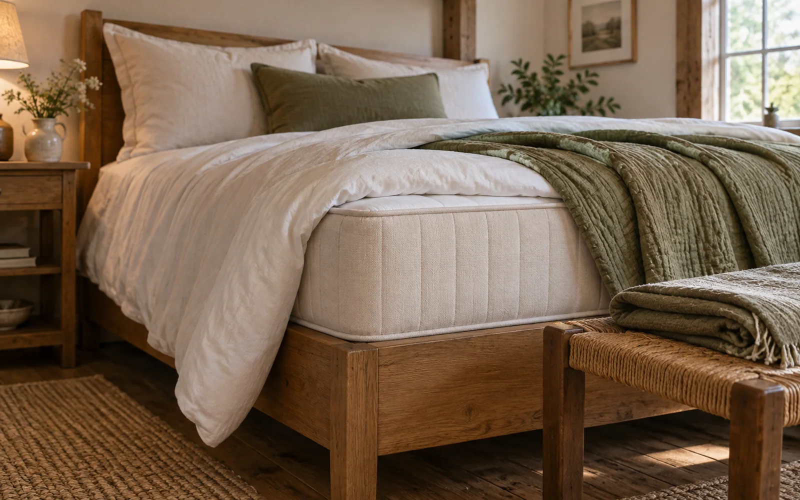 A complete fabric-covered bed with softly rumpled bedding, textured pillows, and practical furniture in a calm bedroom.