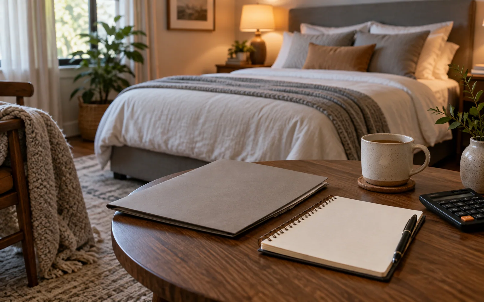 A notebook, folder, and calculator on a bedroom side table, with a softly made bed in the background.