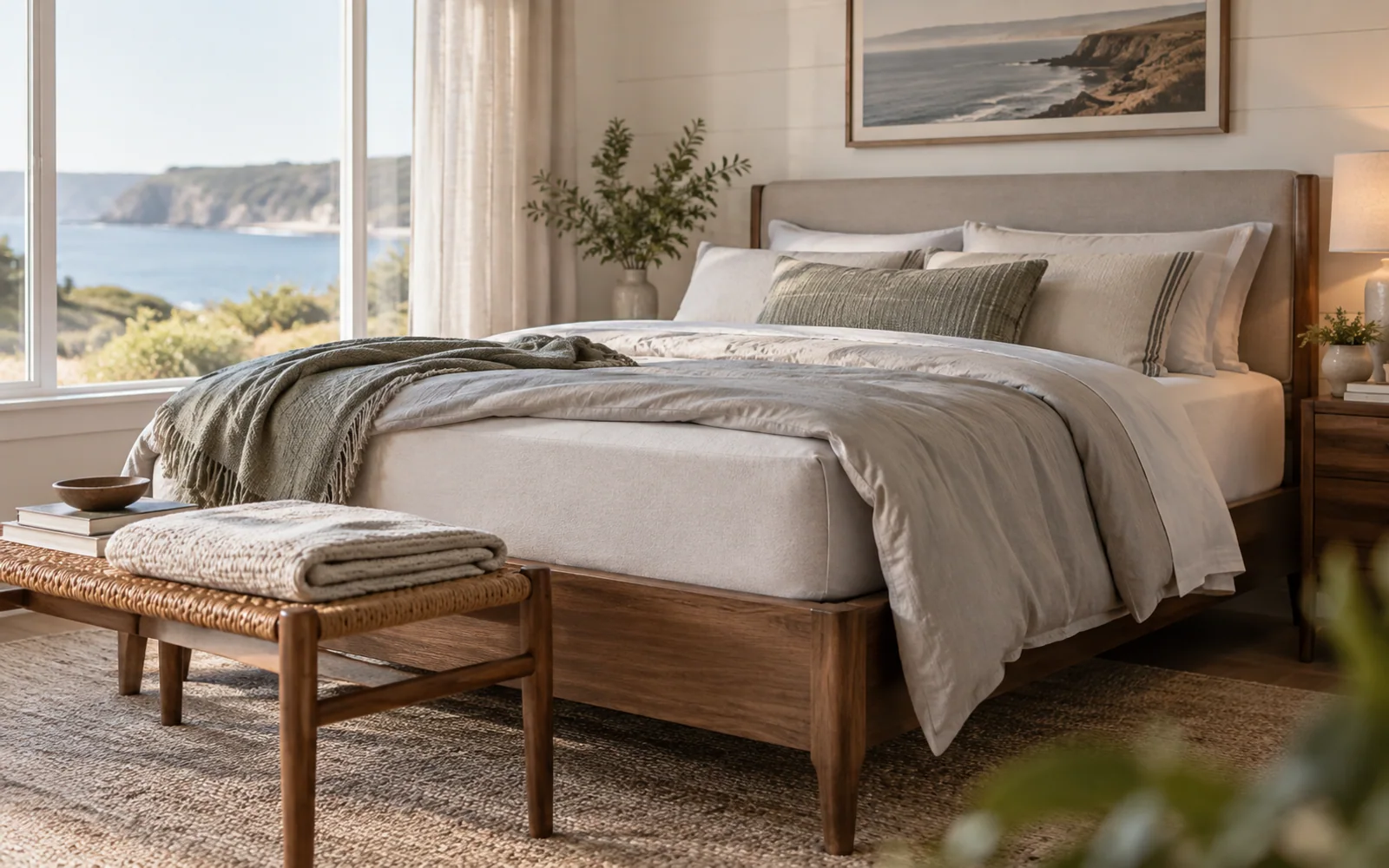 A complete fabric-covered bed with softly rumpled bedding, textured pillows, and practical furniture in a calm bedroom.
