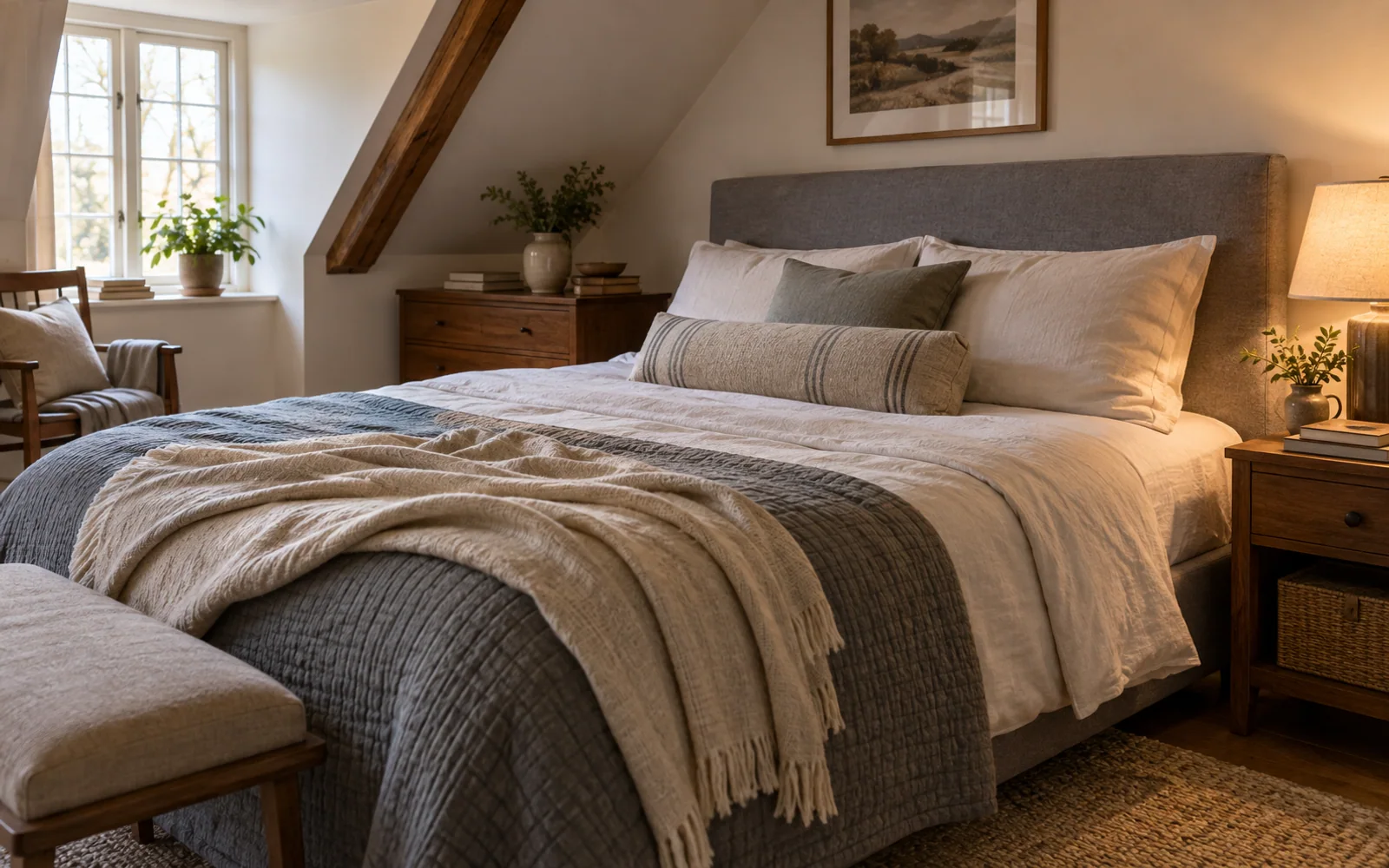 A complete fabric-covered bed with softly rumpled bedding, textured pillows, and practical furniture in a calm bedroom.