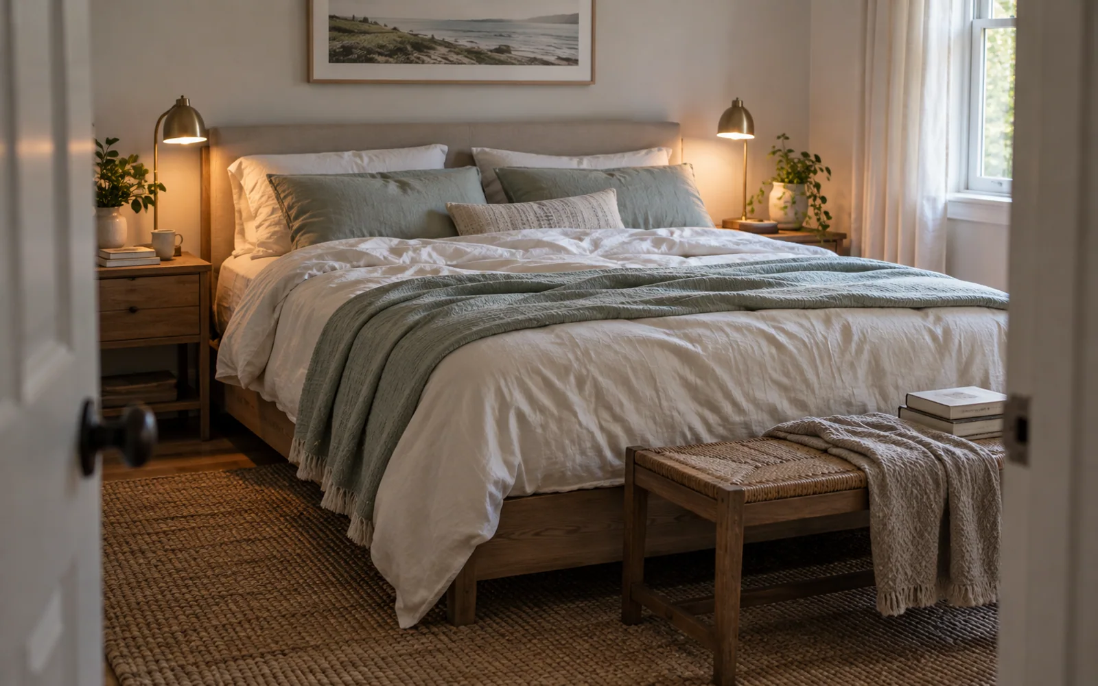 A complete fabric-covered bed with softly rumpled bedding, textured pillows, and practical furniture in a calm bedroom.