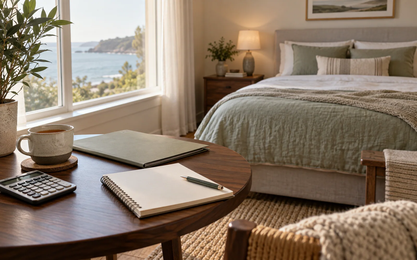 A notebook, folder, and calculator on a bedroom side table, with a softly made bed in the background.