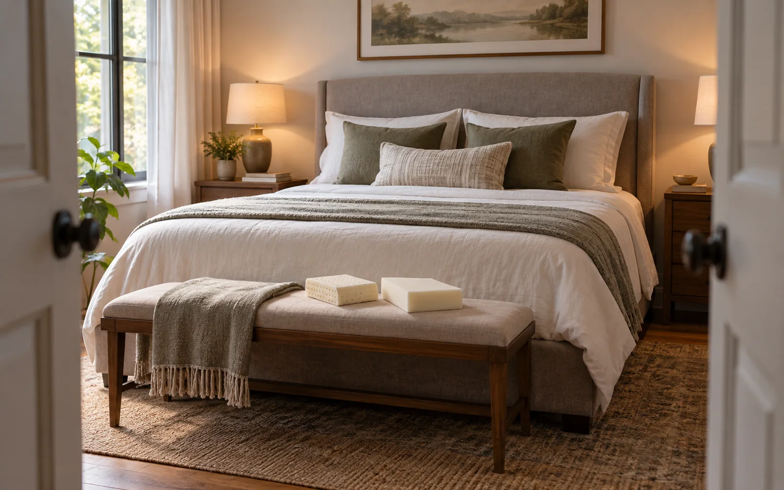 Small perforated and smooth upholstery foam swatches resting on a bench beside a softly made bed.