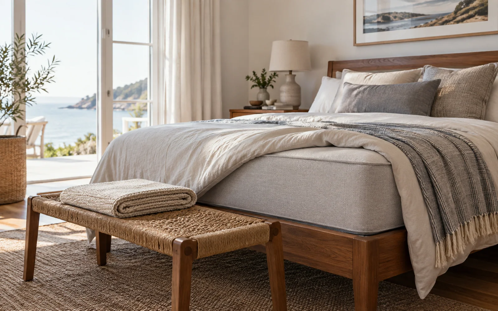 A complete fabric-covered bed with softly rumpled bedding, textured pillows, and practical furniture in a calm bedroom.