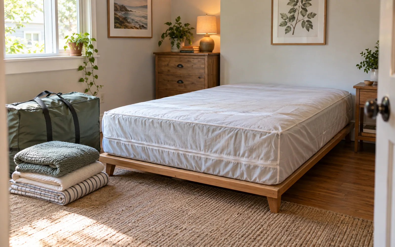 An intact mattress in a protective cover lying flat on a low platform, with folded bedding and a moving bag nearby.