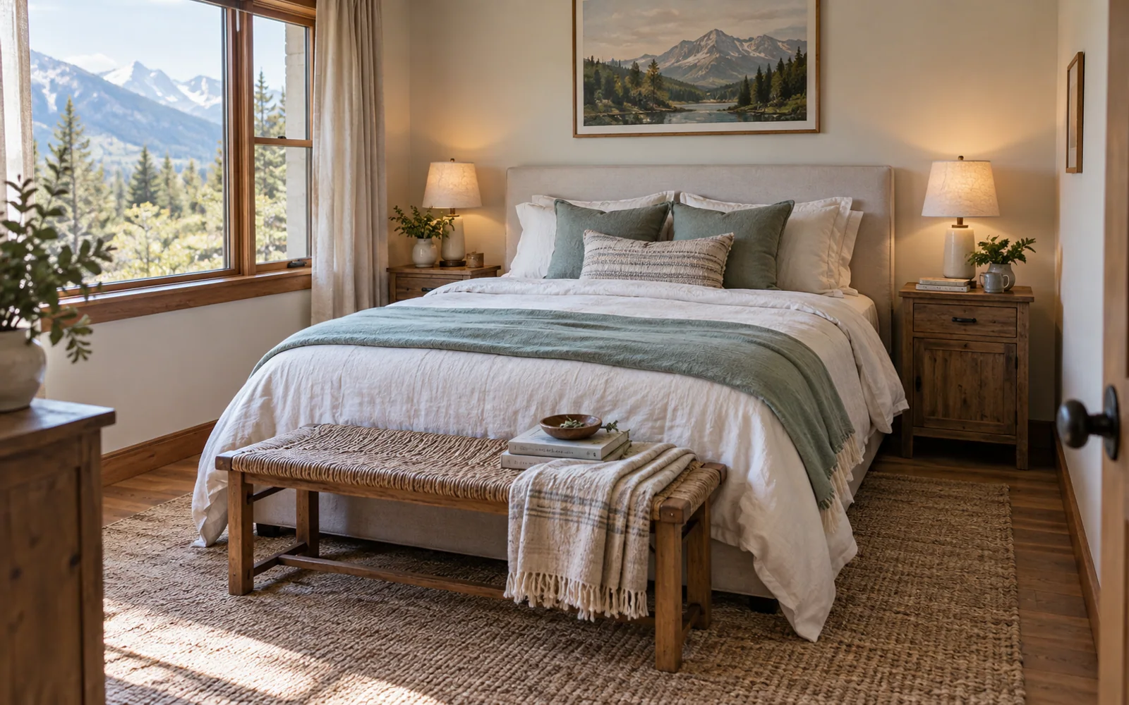 A complete fabric-covered bed with softly rumpled bedding, textured pillows, and practical furniture in a calm bedroom.