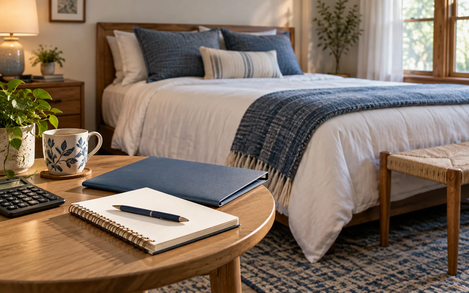 A notebook, folder, and calculator on a bedroom side table, with a softly made bed in the background.