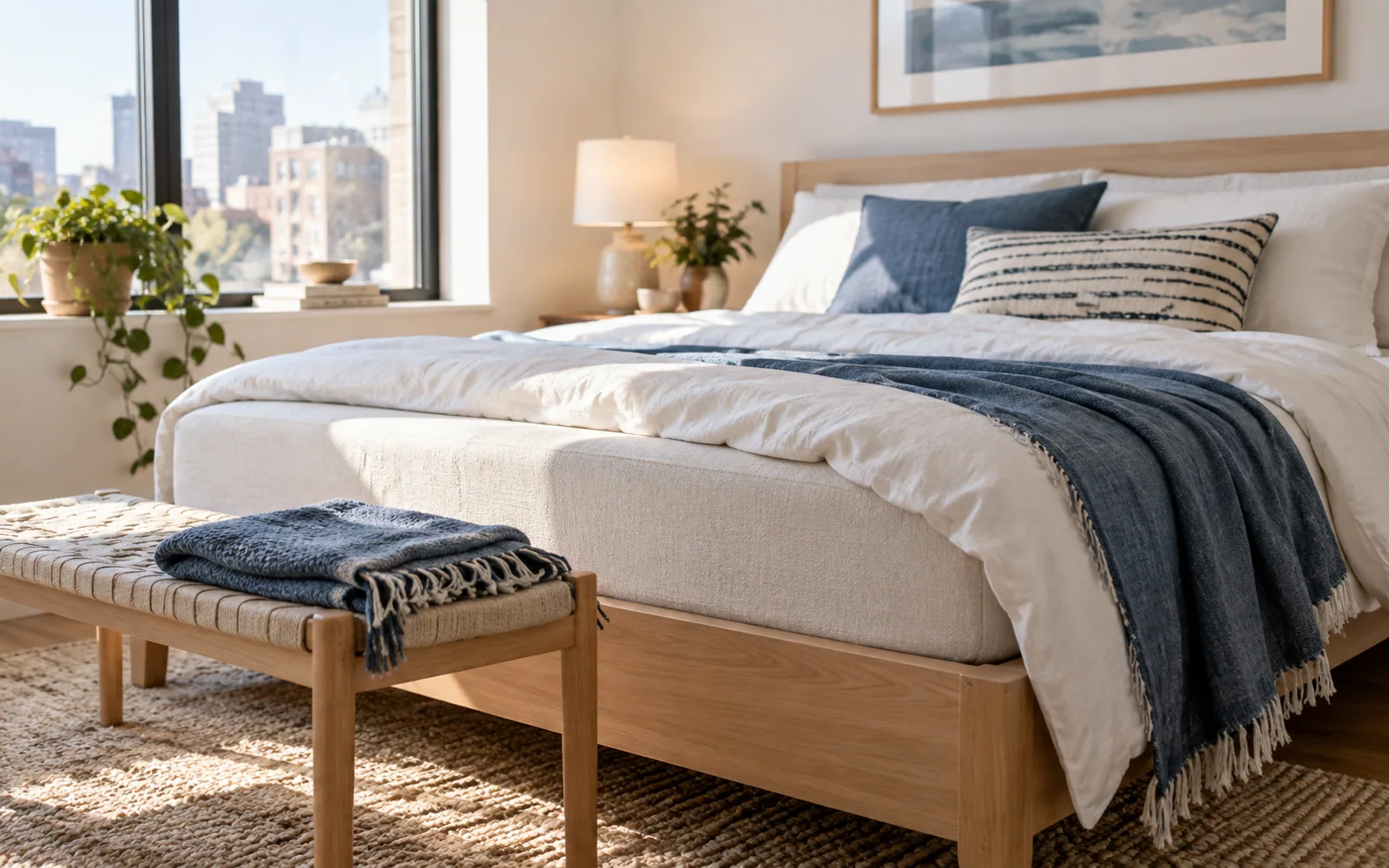 A complete fabric-covered bed with softly rumpled bedding, textured pillows, and practical furniture in a calm bedroom.